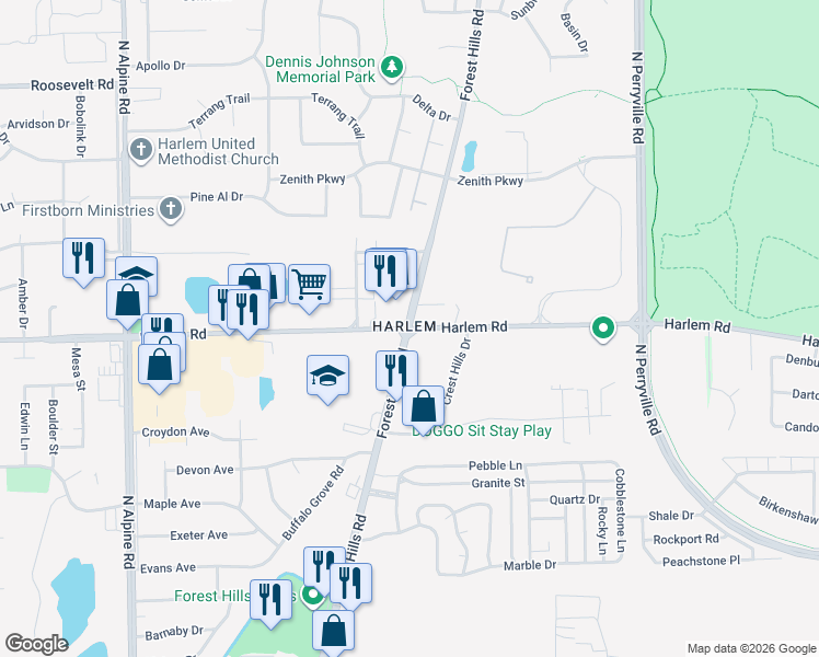 map of restaurants, bars, coffee shops, grocery stores, and more near Forest Hills Rd & Harlem Rd in Loves Park