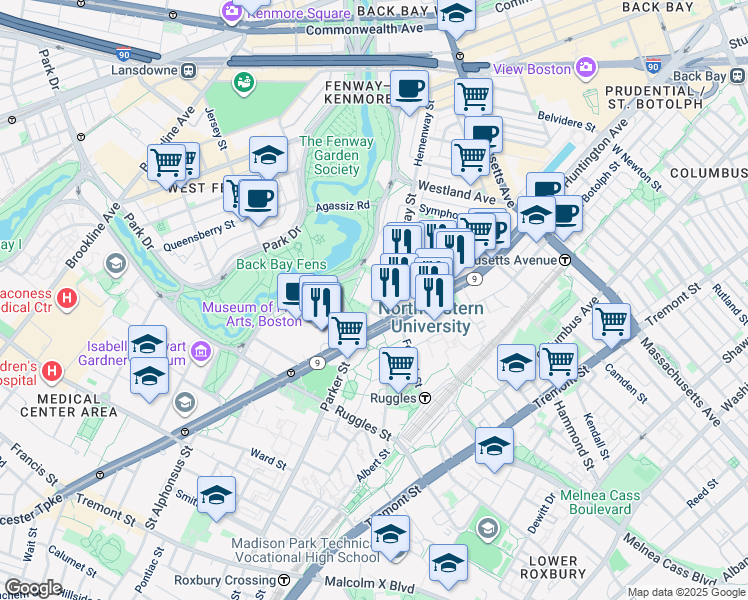 map of restaurants, bars, coffee shops, grocery stores, and more near 207 Hemenway Street in Boston