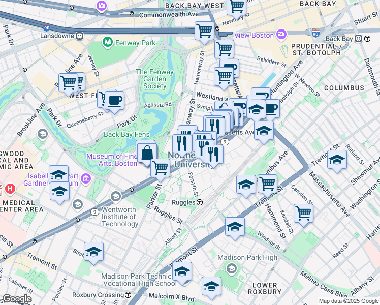 map of restaurants, bars, coffee shops, grocery stores, and more near 359 Huntington Avenue in Boston