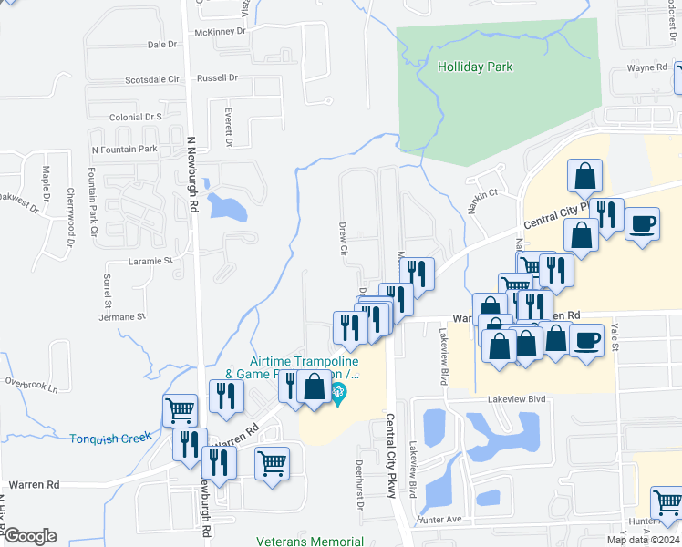 map of restaurants, bars, coffee shops, grocery stores, and more near 7441 Wilderness Park Drive in Westland