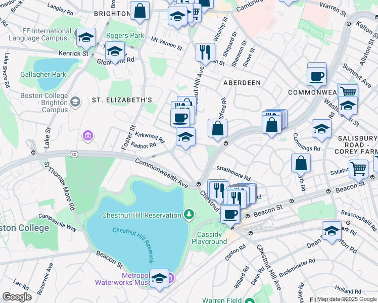 map of restaurants, bars, coffee shops, grocery stores, and more near 186 Chestnut Hill Avenue in Boston