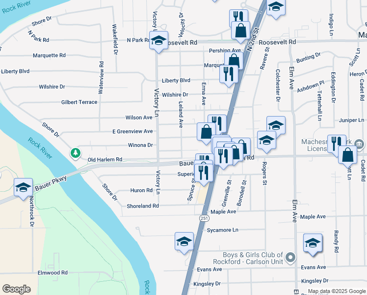 map of restaurants, bars, coffee shops, grocery stores, and more near 404 Winona Drive in Machesney Park