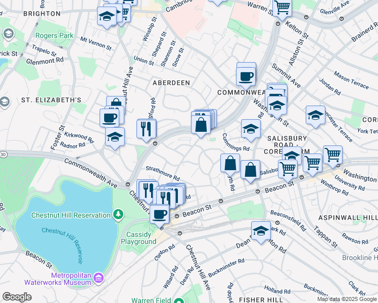 map of restaurants, bars, coffee shops, grocery stores, and more near 98 Lanark Road in Boston