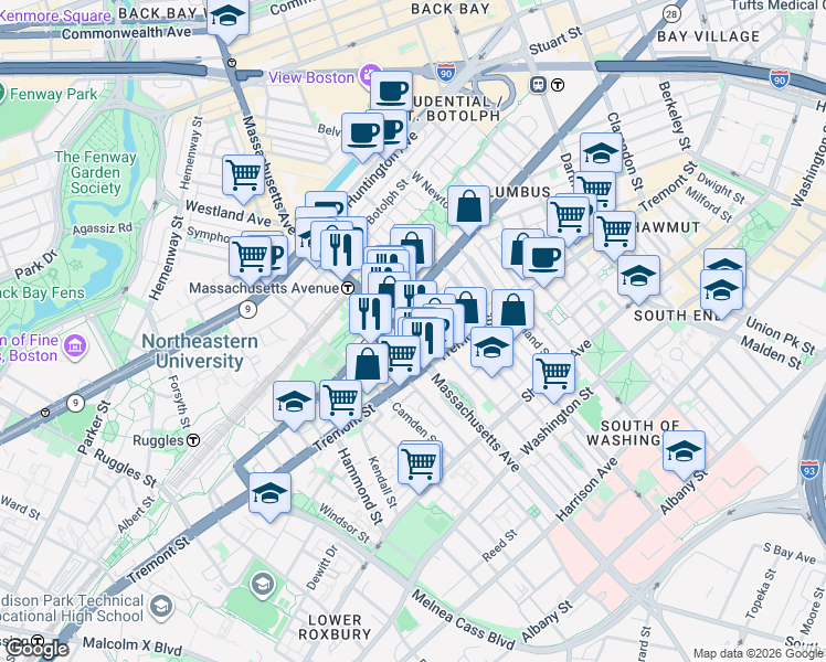 map of restaurants, bars, coffee shops, grocery stores, and more near 212 West Springfield Street in Boston