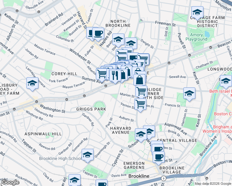 map of restaurants, bars, coffee shops, grocery stores, and more near in Brookline