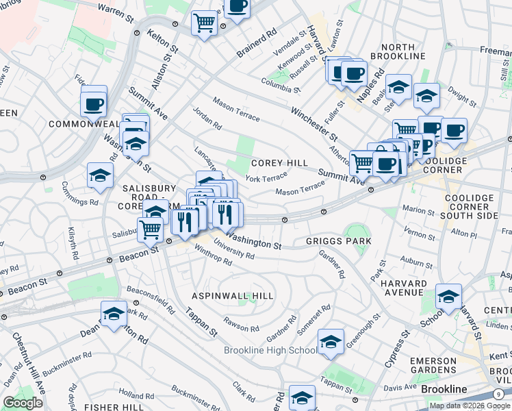 map of restaurants, bars, coffee shops, grocery stores, and more near 5 Mason Terrace in Brookline