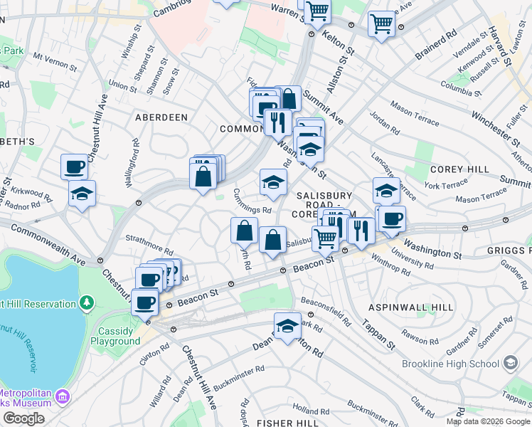 map of restaurants, bars, coffee shops, grocery stores, and more near 11 Cummings Road in Boston