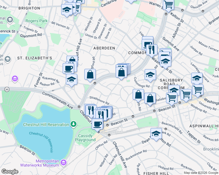 map of restaurants, bars, coffee shops, grocery stores, and more near 98 Lanark Road in Boston