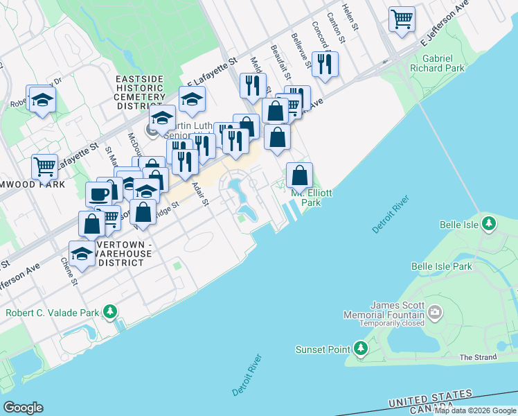 map of restaurants, bars, coffee shops, grocery stores, and more near 3500 East Jefferson Avenue in Detroit