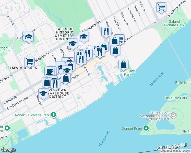 map of restaurants, bars, coffee shops, grocery stores, and more near 3320 Spinnaker Lane in Detroit