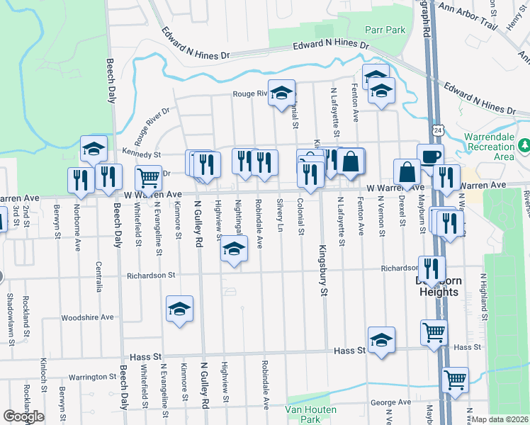 map of restaurants, bars, coffee shops, grocery stores, and more near 7053 Robindale Avenue in Dearborn Heights