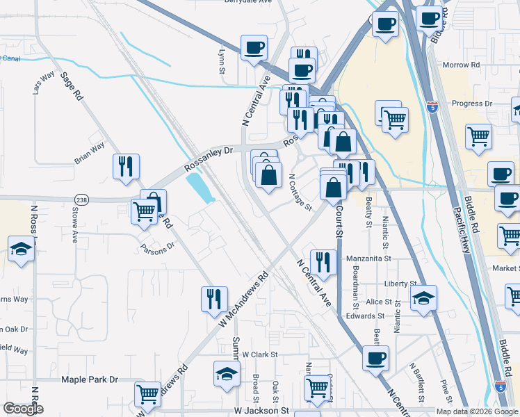 map of restaurants, bars, coffee shops, grocery stores, and more near 1507 North Central Avenue in Medford