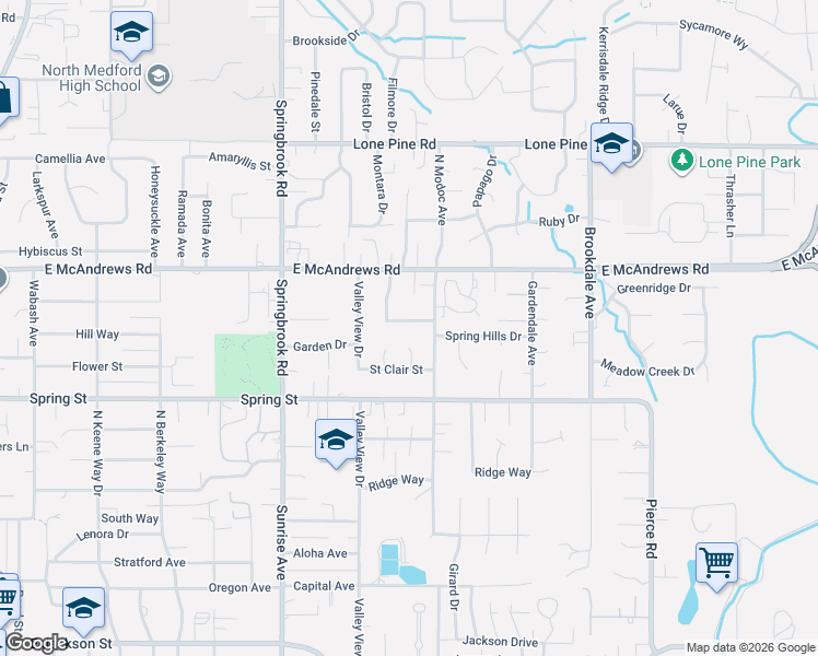 map of restaurants, bars, coffee shops, grocery stores, and more near 2727 Juanita Avenue in Medford