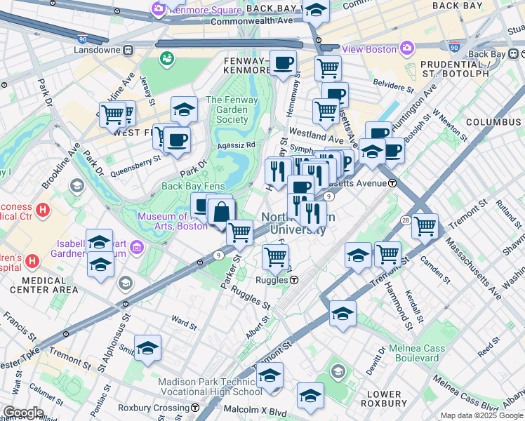 map of restaurants, bars, coffee shops, grocery stores, and more near 359 Huntington Avenue in Boston