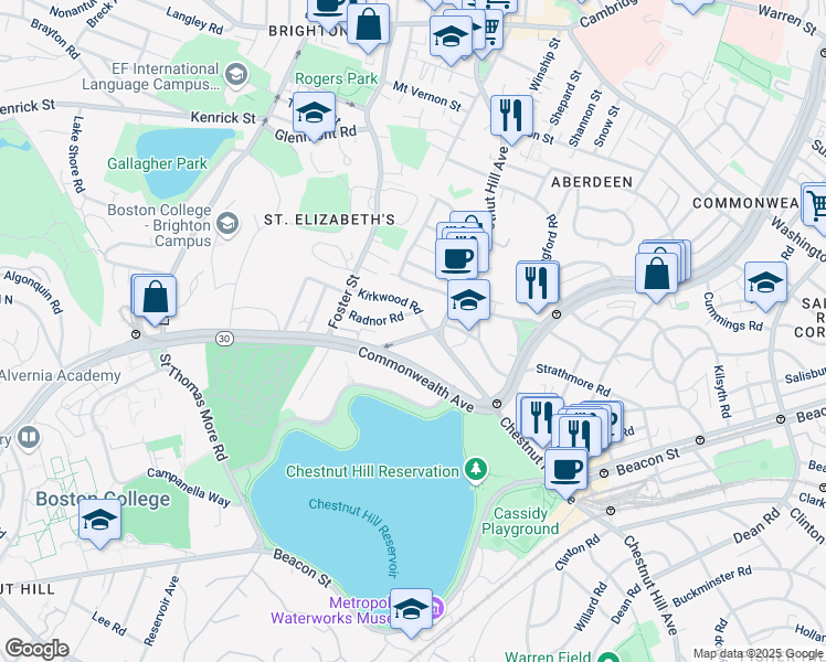 map of restaurants, bars, coffee shops, grocery stores, and more near 49 Radnor Road in Boston
