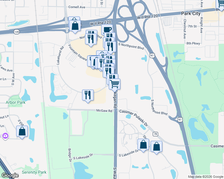 map of restaurants, bars, coffee shops, grocery stores, and more near 1010 South Waukegan Road in Waukegan