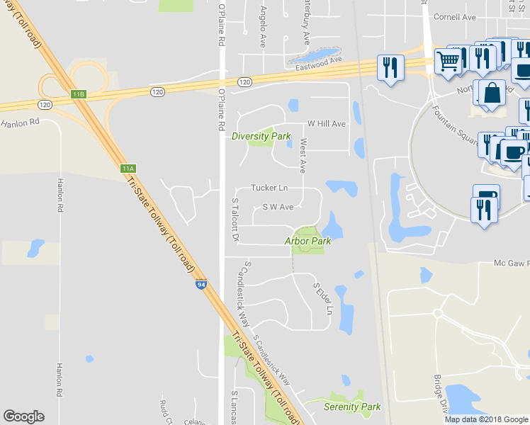map of restaurants, bars, coffee shops, grocery stores, and more near 1087 South West Avenue in Waukegan