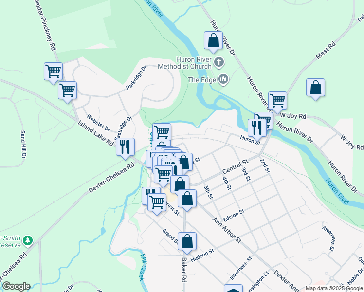 map of restaurants, bars, coffee shops, grocery stores, and more near 8175 5th Street in Dexter