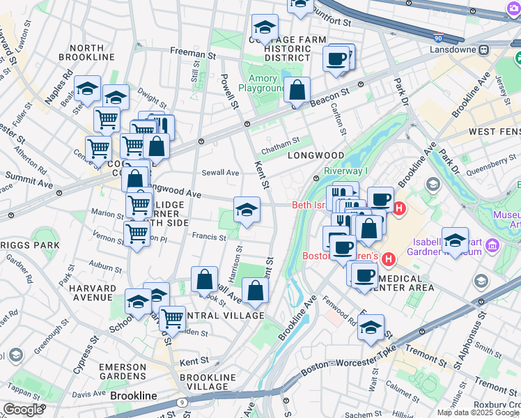 map of restaurants, bars, coffee shops, grocery stores, and more near 159 Longwood Avenue in Brookline