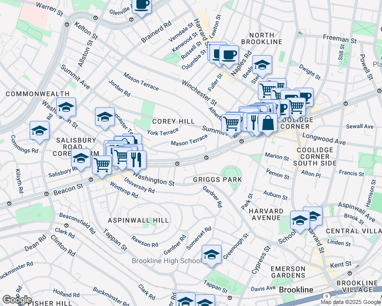 map of restaurants, bars, coffee shops, grocery stores, and more near 1514 Beacon Street in Brookline