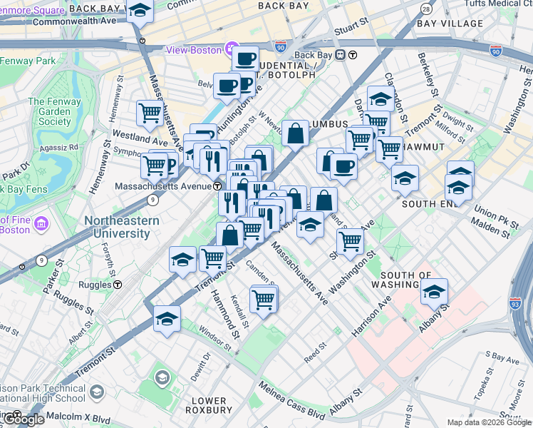 map of restaurants, bars, coffee shops, grocery stores, and more near 212 West Springfield Street in Boston