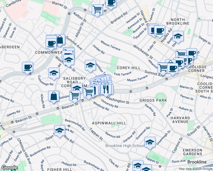 map of restaurants, bars, coffee shops, grocery stores, and more near 25 Westbourne Terrace in Brookline