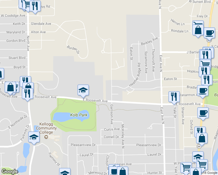 map of restaurants, bars, coffee shops, grocery stores, and more near 531 Garrison Avenue in Battle Creek