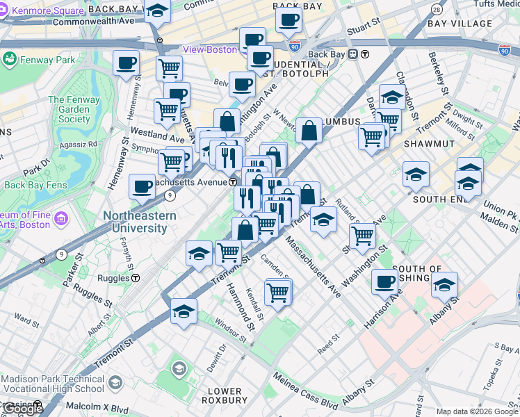 map of restaurants, bars, coffee shops, grocery stores, and more near 586 Columbus Avenue in Boston
