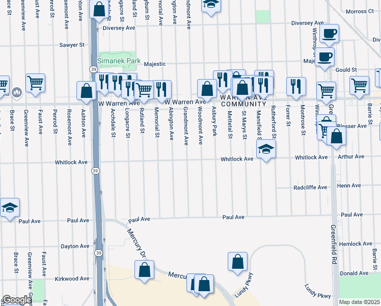 map of restaurants, bars, coffee shops, grocery stores, and more near 6736 Grandmont Avenue in Detroit