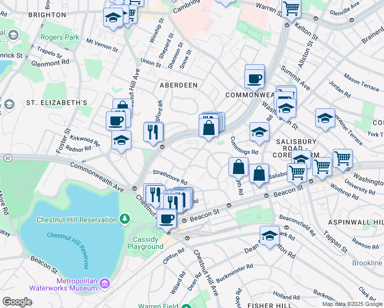 map of restaurants, bars, coffee shops, grocery stores, and more near 100 Lanark Road in Boston