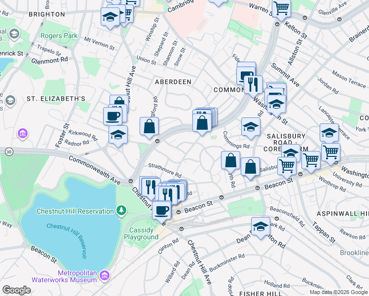map of restaurants, bars, coffee shops, grocery stores, and more near 98 Lanark Road in Boston