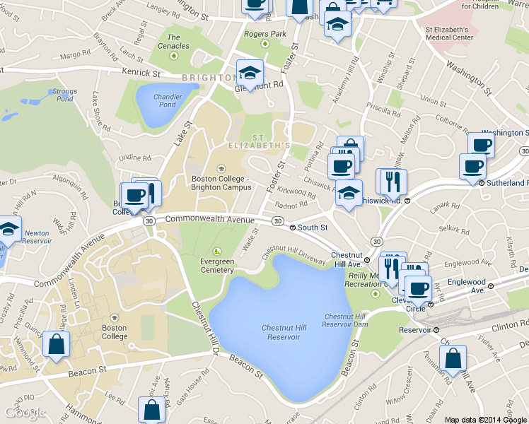 map of restaurants, bars, coffee shops, grocery stores, and more near 11 Gerald Road in Boston