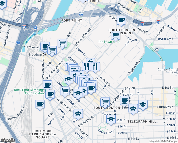 map of restaurants, bars, coffee shops, grocery stores, and more near in Boston