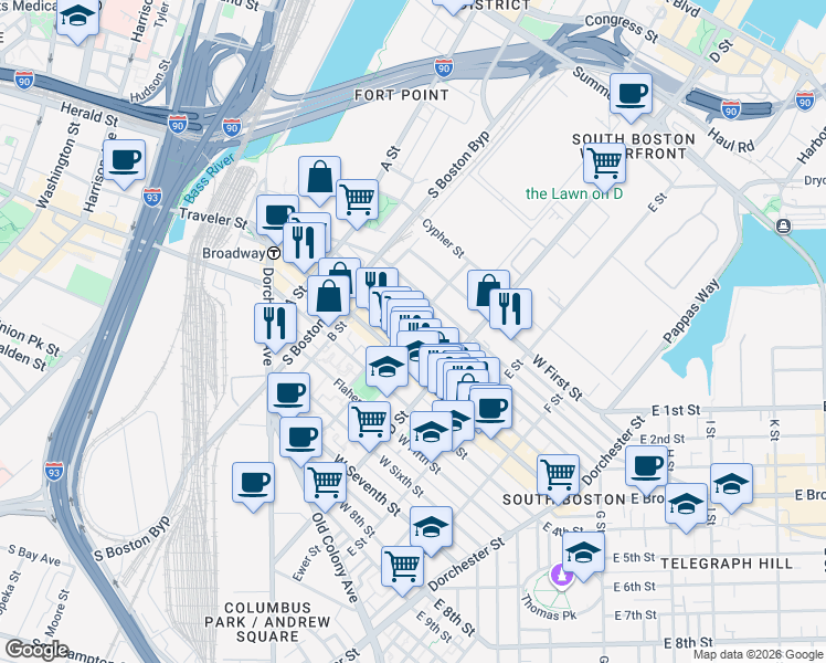 map of restaurants, bars, coffee shops, grocery stores, and more near 166 Athens Street in Boston