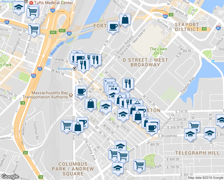 map of restaurants, bars, coffee shops, grocery stores, and more near 166 Athens Street in Boston