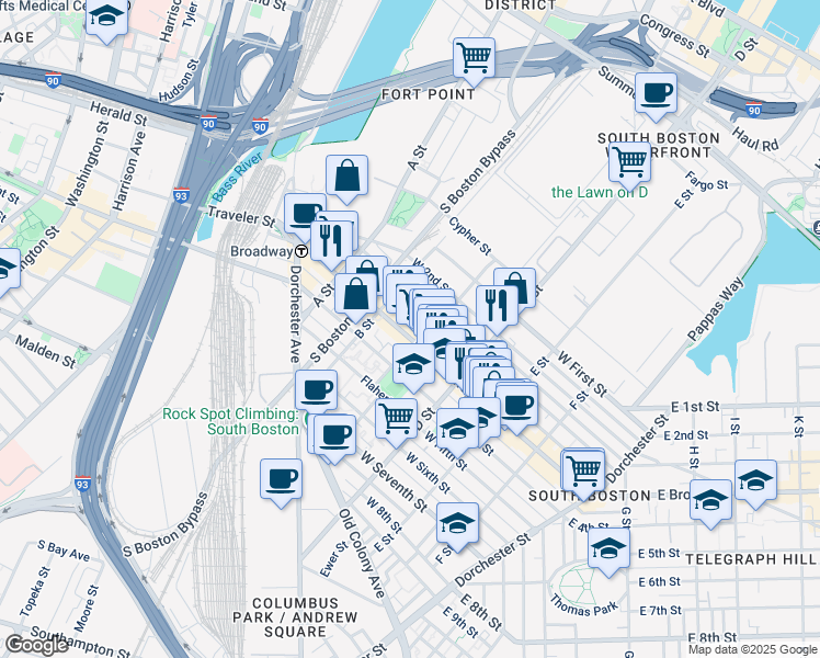 map of restaurants, bars, coffee shops, grocery stores, and more near 166 Athens Street in Boston