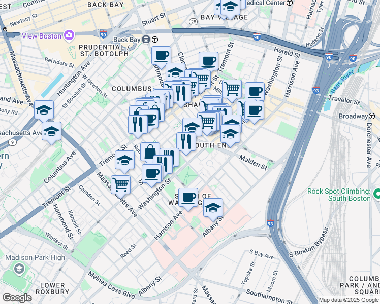 map of restaurants, bars, coffee shops, grocery stores, and more near 50 West Brookline Street in Boston