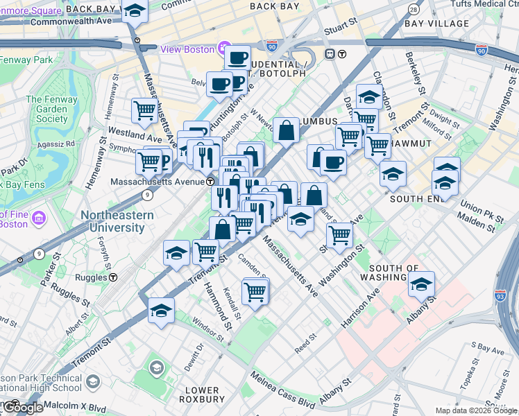 map of restaurants, bars, coffee shops, grocery stores, and more near 212 West Springfield Street in Boston
