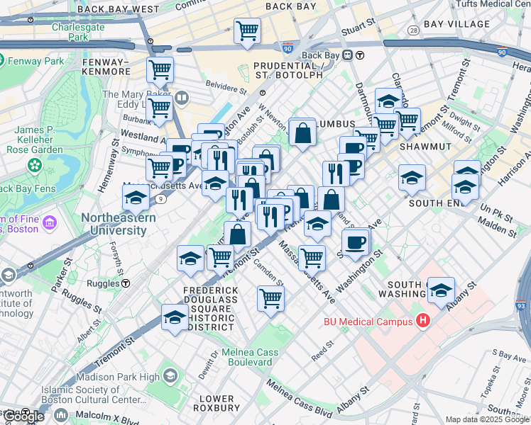 map of restaurants, bars, coffee shops, grocery stores, and more near 212 West Springfield Street in Boston