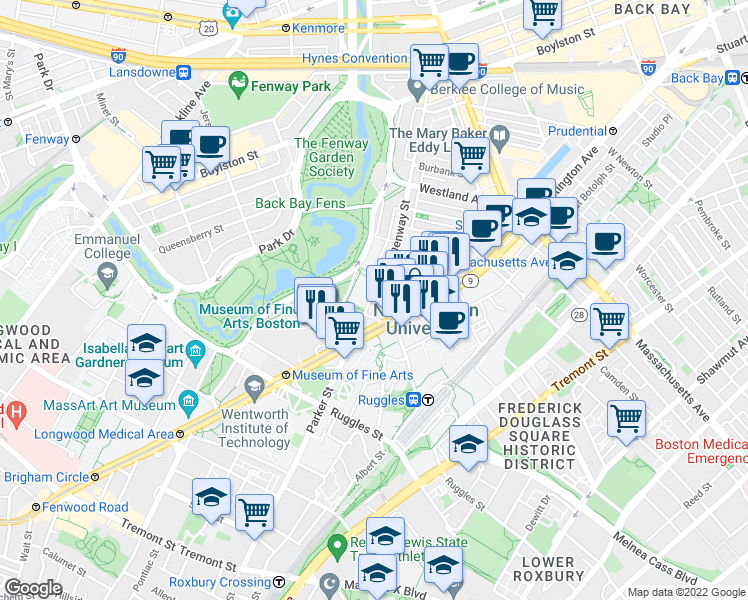 map of restaurants, bars, coffee shops, grocery stores, and more near 359 Huntington Avenue in Boston