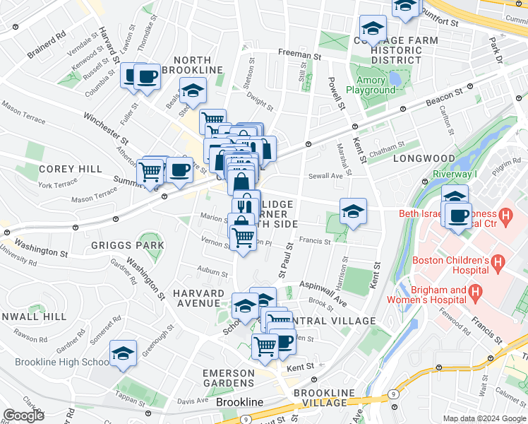 map of restaurants, bars, coffee shops, grocery stores, and more near 20 Stearns Road in Brookline