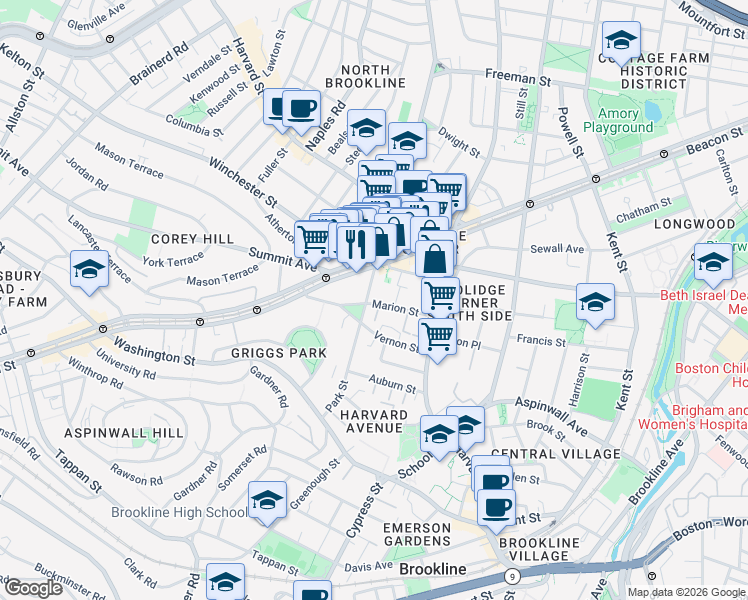 map of restaurants, bars, coffee shops, grocery stores, and more near in Brookline