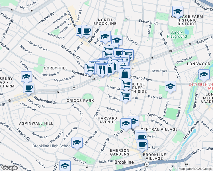 map of restaurants, bars, coffee shops, grocery stores, and more near in Brookline