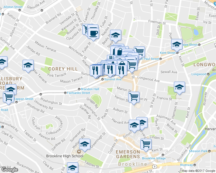 map of restaurants, bars, coffee shops, grocery stores, and more near 89 Marion Street in Brookline