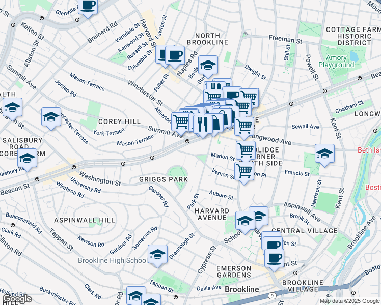 map of restaurants, bars, coffee shops, grocery stores, and more near 89 Marion Street in Brookline