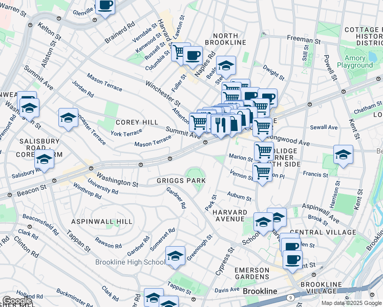 map of restaurants, bars, coffee shops, grocery stores, and more near 1443 Beacon Street in Brookline