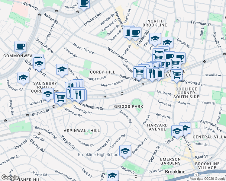 map of restaurants, bars, coffee shops, grocery stores, and more near 1514 Beacon Street in Brookline