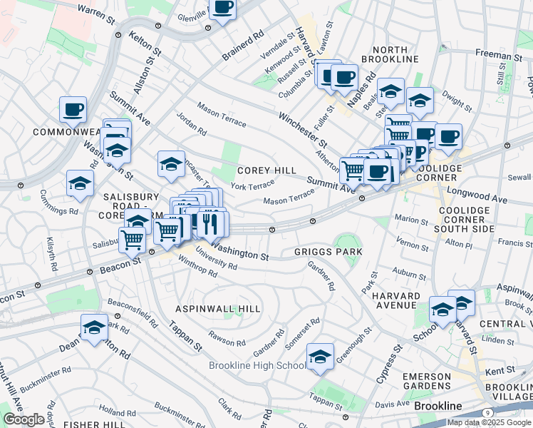 map of restaurants, bars, coffee shops, grocery stores, and more near in Brookline