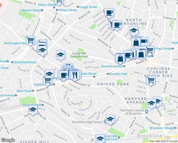 map of restaurants, bars, coffee shops, grocery stores, and more near in Brookline