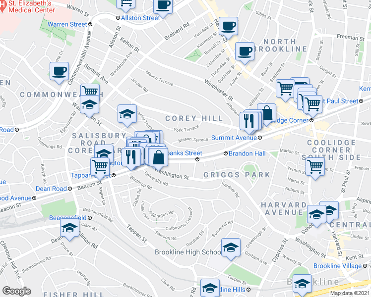 map of restaurants, bars, coffee shops, grocery stores, and more near in Brookline